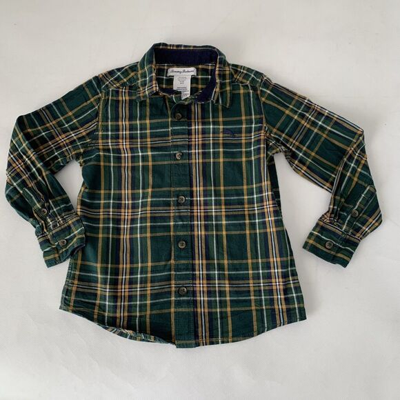 Tommy Bahama Shirt Tartan Plaid Button Down Boys Small 5/6 Green Yellow Holiday - Picture 1 of 9